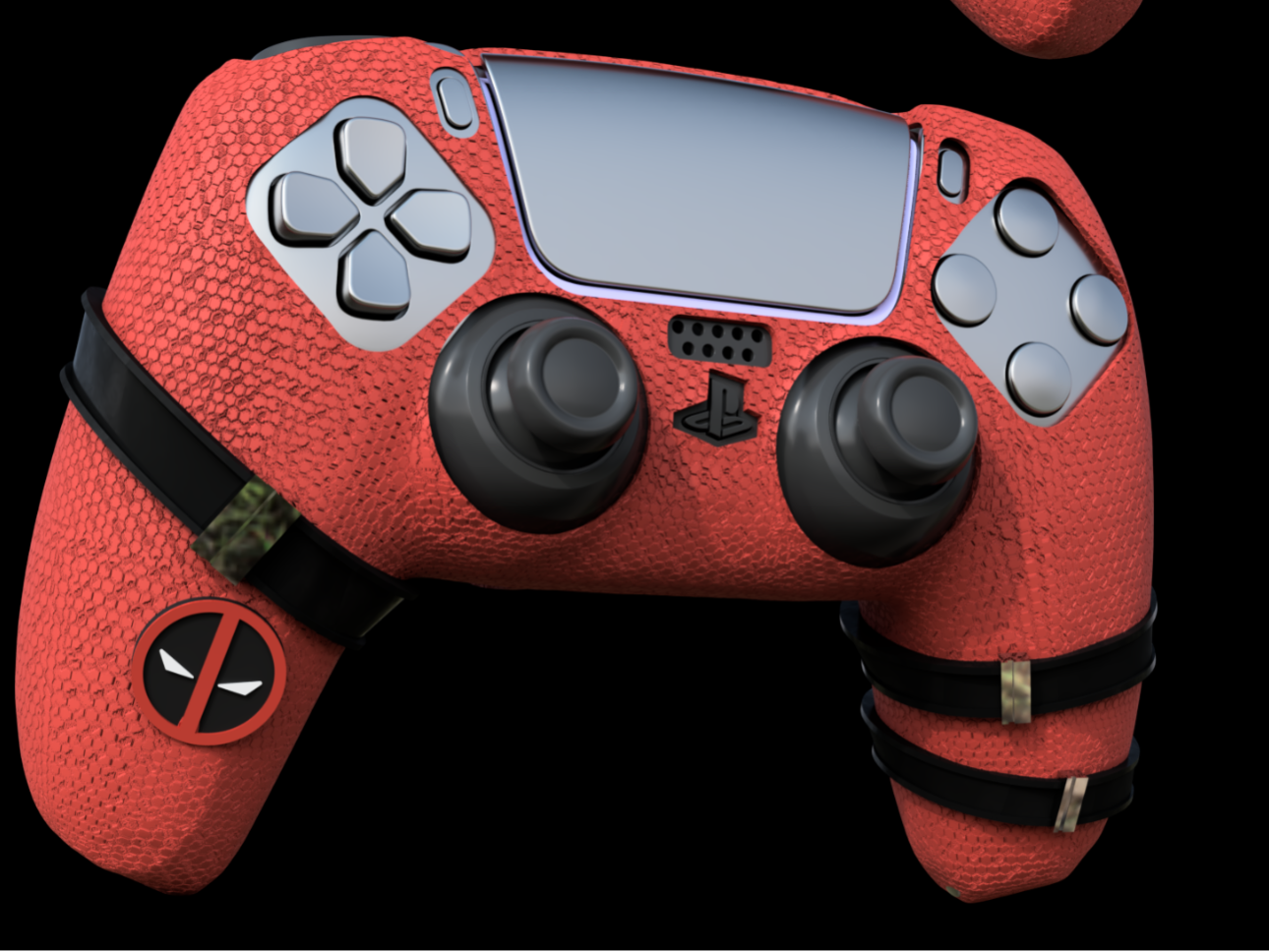 Custom DualSense controller with textured red shell, black grip straps, and silver chrome face buttons