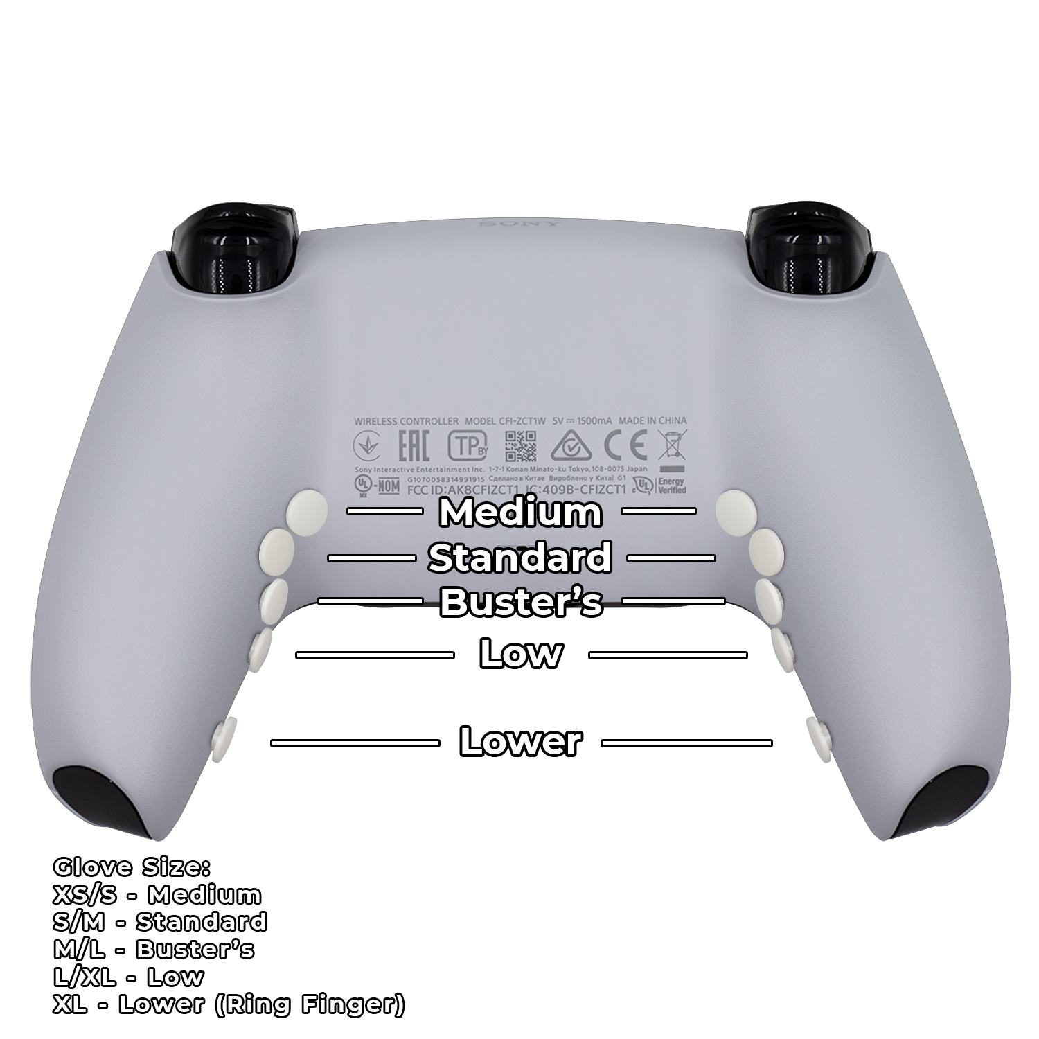 PlayStation DualSense-style rear: example placements for back buttons or paddles
